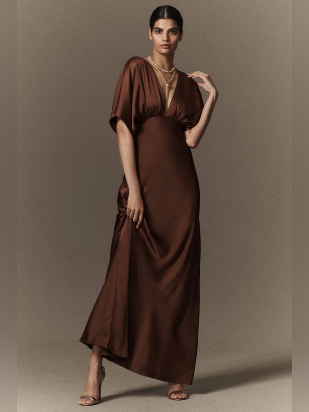 BHLDN Amelia Chocolate Satin Deep V Flutter Sleeve A-Line Maxi Gown Size 4